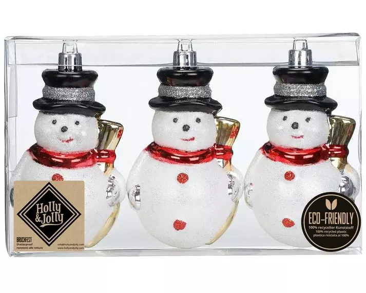 Holly & Jolly Weihnachtskugel Schneemann 10 cm, 3 Stück