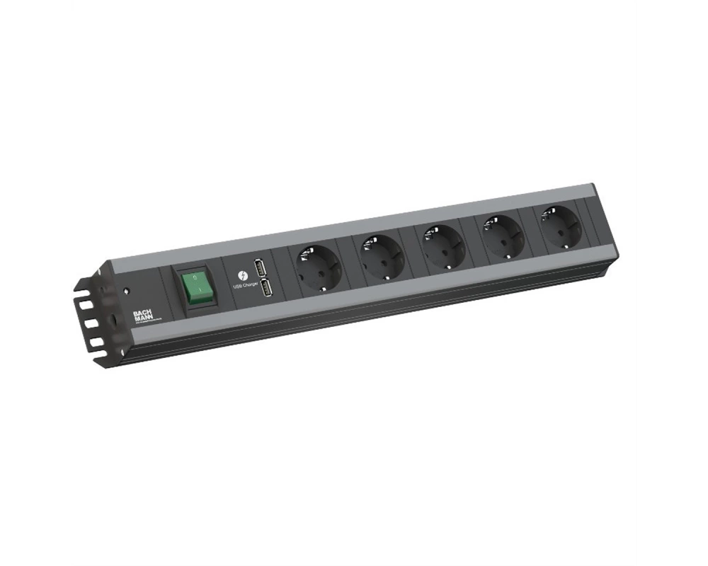 BACHMANN Handwerkerleiste, 5x Schutzkontakt, Schalter, 2x USB-Charger, 19-Zoll-Rack kompatibel, 2 m