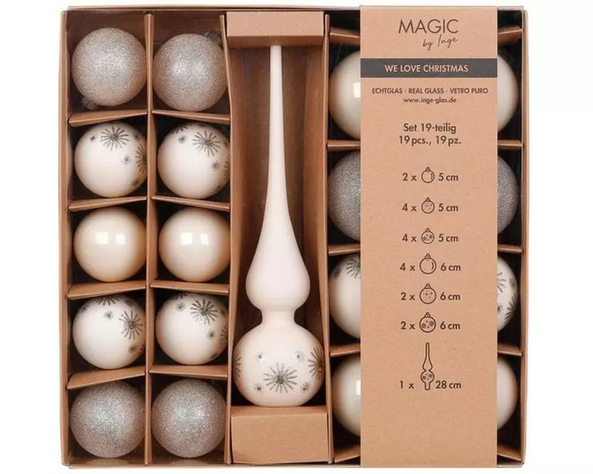 INGES CHRISTMAS DECOR Weihnachtskugel mit Spitze 19 Stück, Alt Weiss/Beige