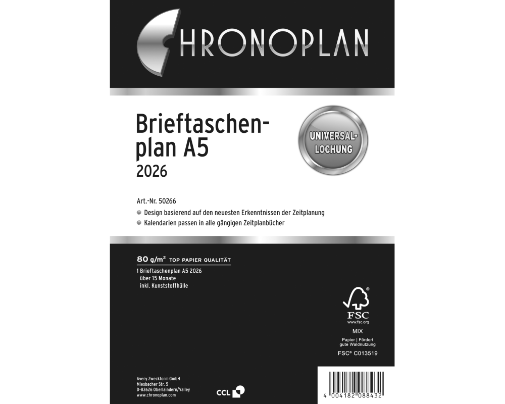 CHRONOPLAN Brieftaschenplaner 2026 50266Z.26 15 Monate A5