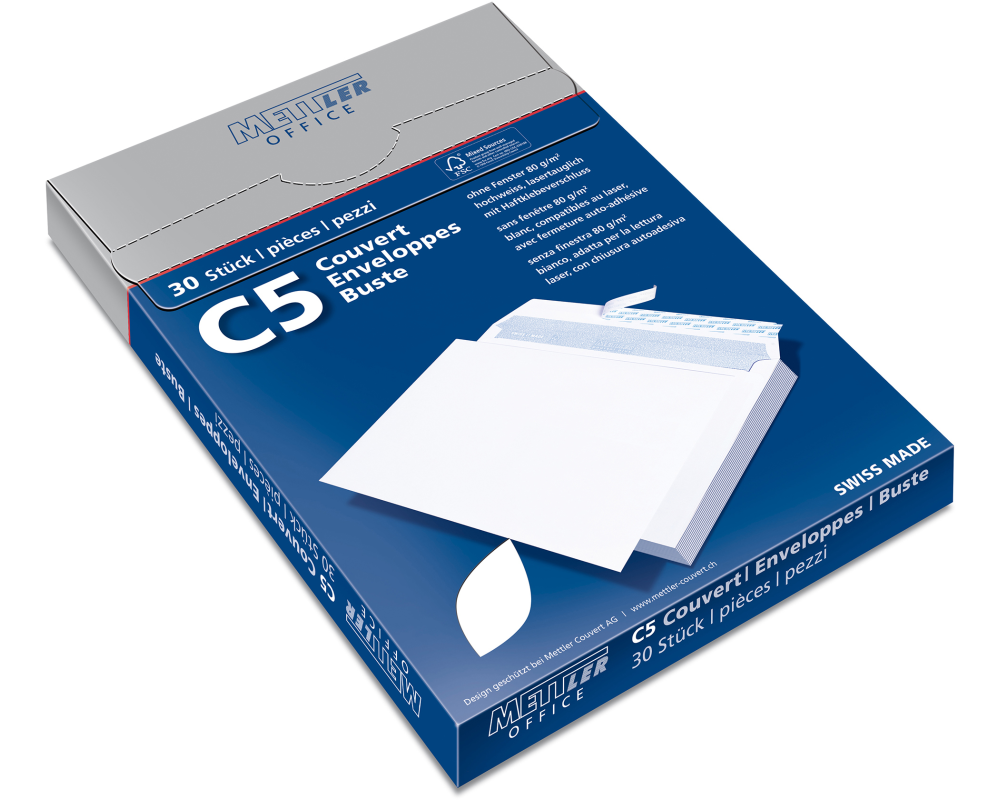 METTLER Couvert ohne Fenster C5 8066-100-S30 100g, hochweiss, Kleber 30 Stk