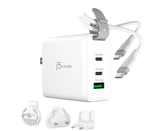 j5create 65W GaN USB-C 3-Port Traveler Charger with changeable AC plugs and USB-C cable. Charger type: Indoor, Power source type: AC, Charger compatibility: Laptop, Portable gaming console, Smartphone, Smartwatch, Tablet. Input voltage: 100
