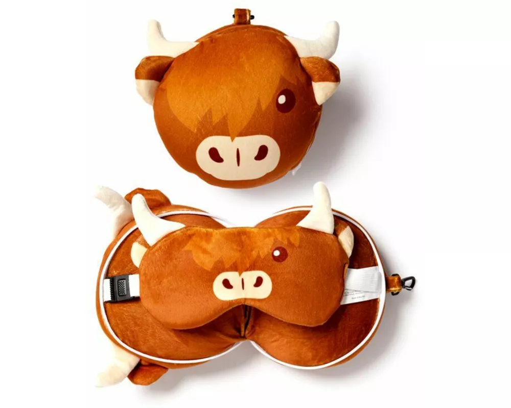 Relaxeazzz Plüsch Highland Coo Kuh Reisekissen & Schlafmaske
