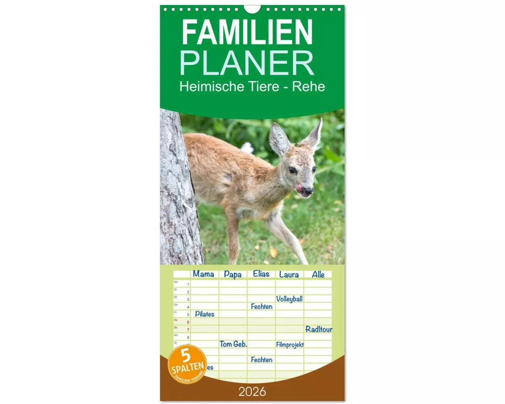 Familienplaner 2026 - Heimische Tiere - Rehe mit 5 Spalten (Wandkalender, 21 x 45 cm) CALVENDO