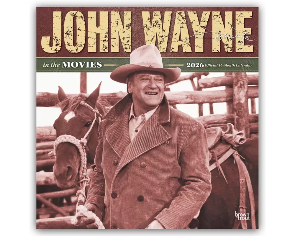 John Wayne in the Movies Official 2026 12 X 24 Inch (Hanging) Monthly Square Wall Calendar Plastic-Free