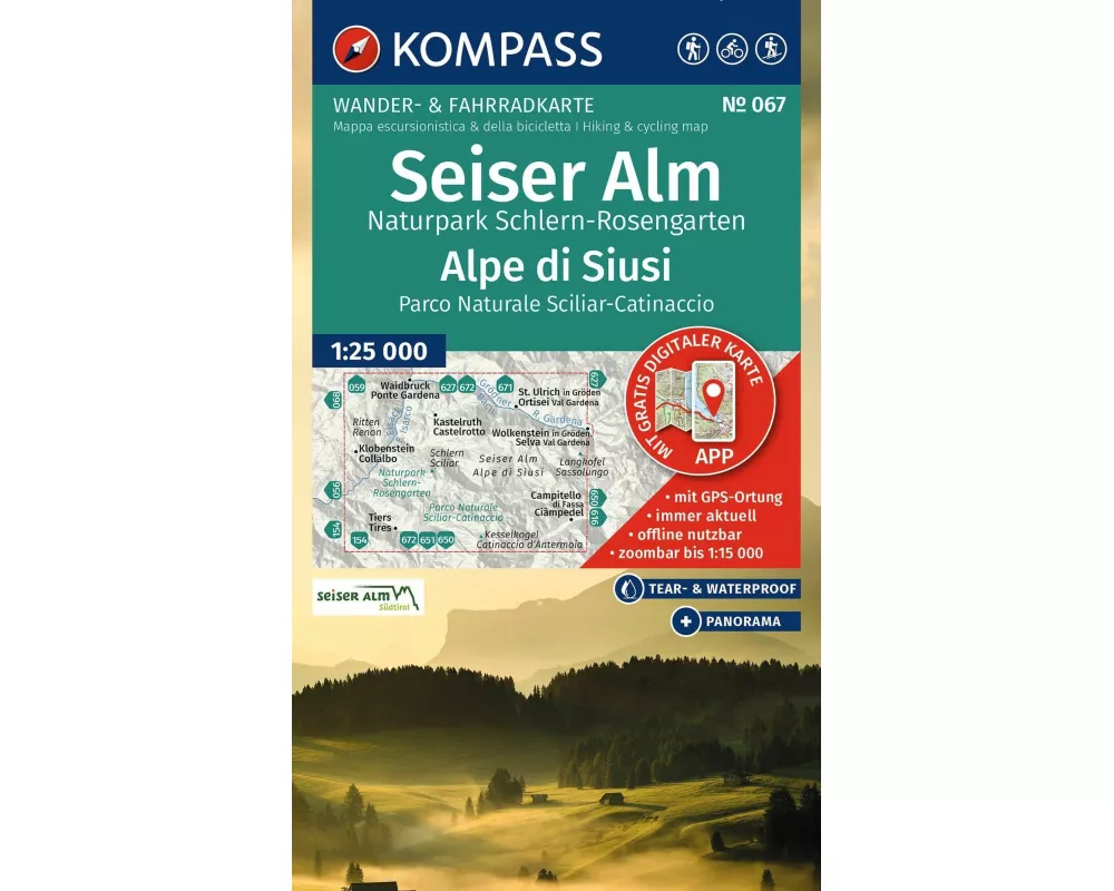 KOMPASS Wanderkarte 067 Seiser Alm, Naturpark Schlern-Rosengarten / Alpe di Siusi, Parco Naturale Sciliar-Catinaccio 1:25.000