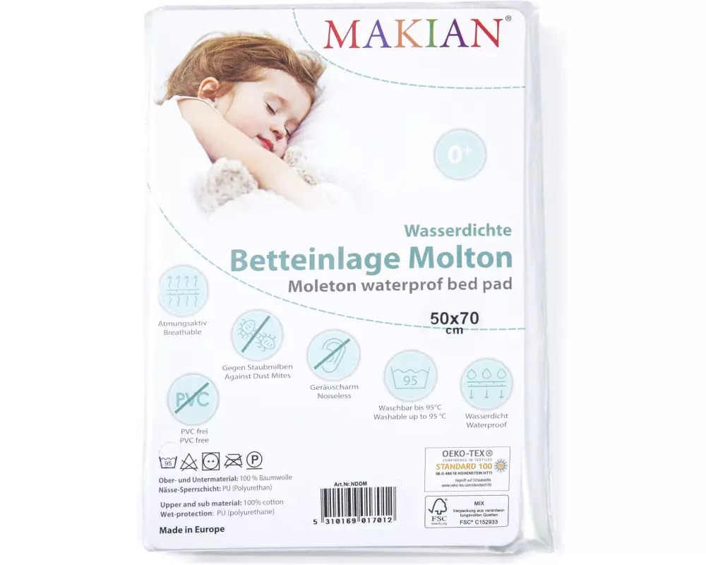 MAKIAN Matratzenschutz Molton, 1-er Pack 50 x 70 cm, Weiss