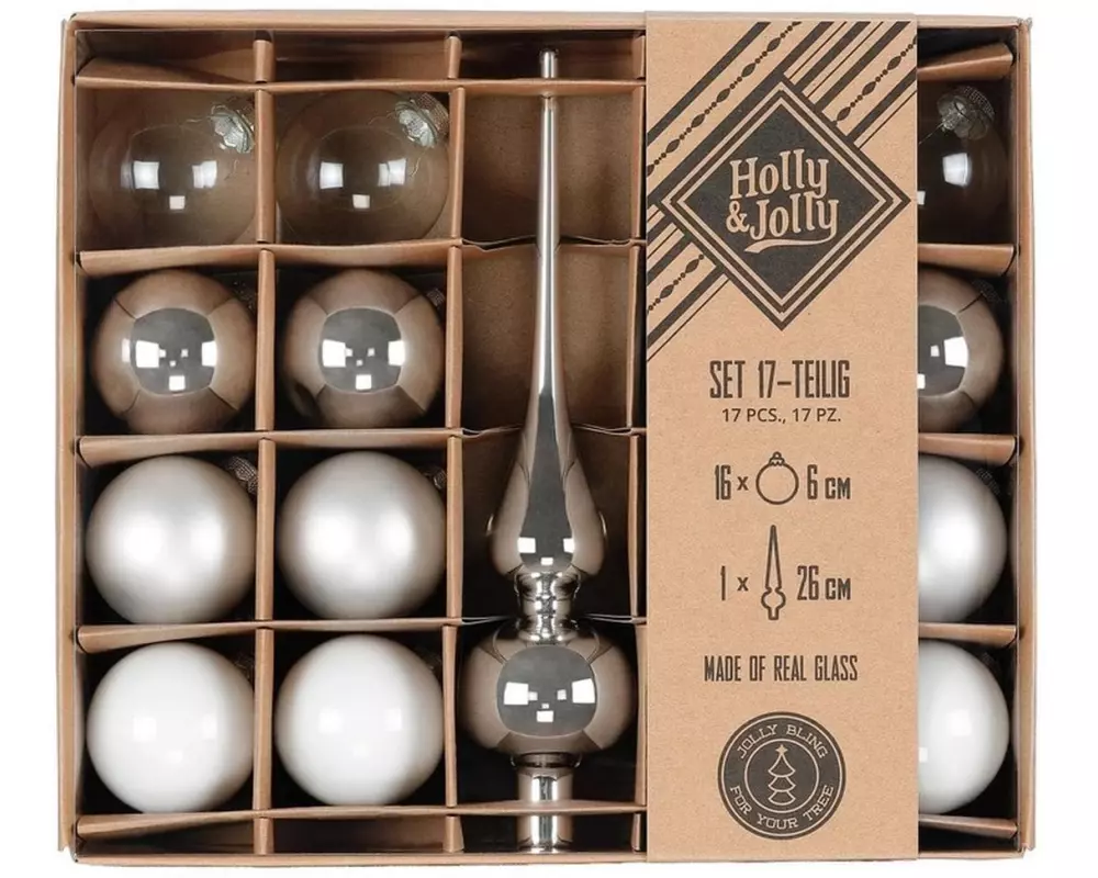 Holly & Jolly Weihnachtskugel Frosty Silver 17 Stück, 6cm – mit Spitze