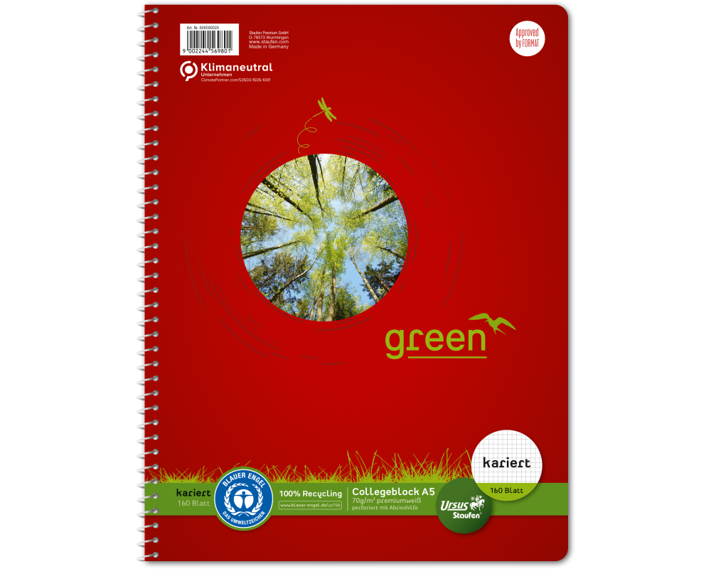 URSUS Collegeblock green A5 608592020 kariert 5mm, 70g 160 Blatt