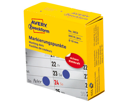 AVERY ZWECKFORM Markierungspunkte 10mm 3853 blau, Spender 800 Stück