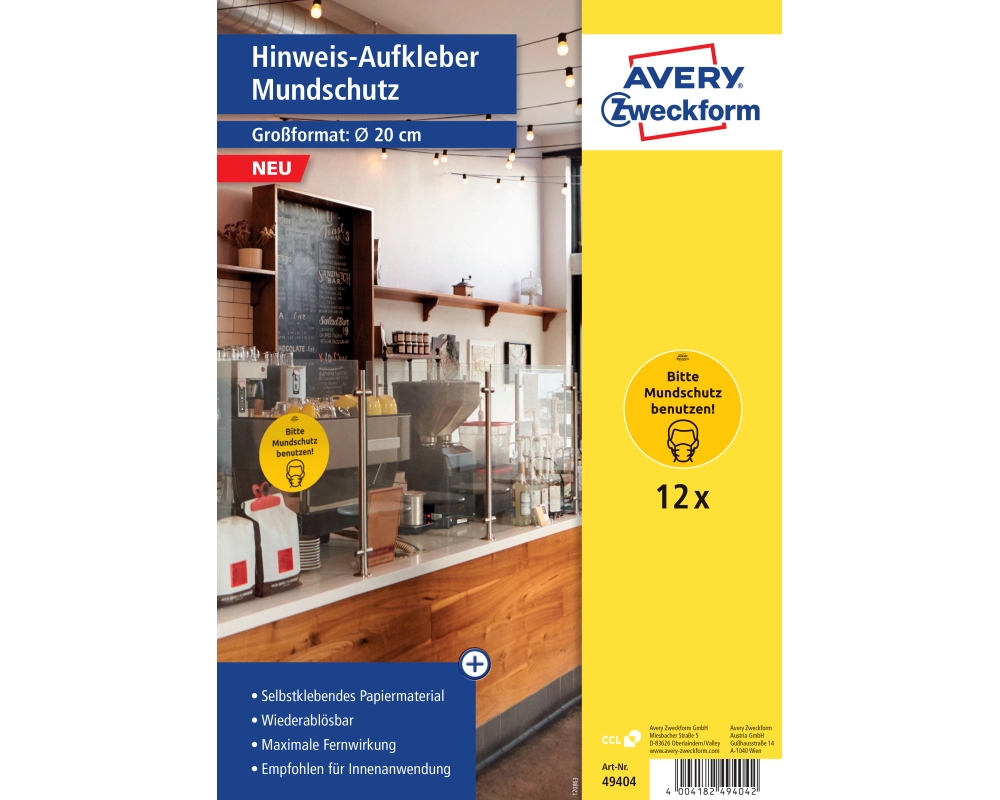 AVERY ZWECKFORM Hinweis-Aufkleber DE 20cm 49404Z Mundschutz 12 Stück