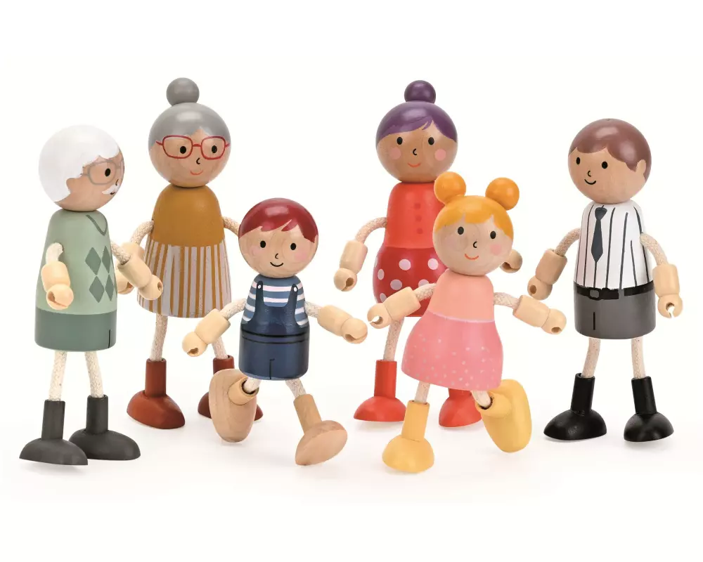 Spielba Holzspielwaren Biegepüppchen Familie aus Holz mit Kleidern