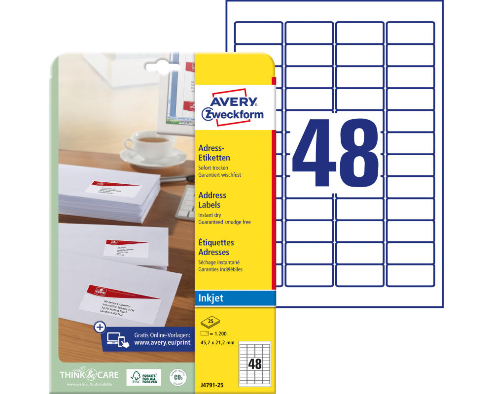 AVERY ZWECKFORM Adressetiketten 45,7x21,2mm J4791-25 InkJet, weiss 1200 Stk./25 Bl.
