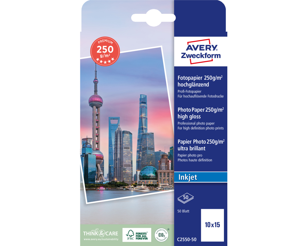 AVERY ZWECKFORM InkJet Fotopapier 10x15cm C2550-50 250g, glossy 50 Blatt