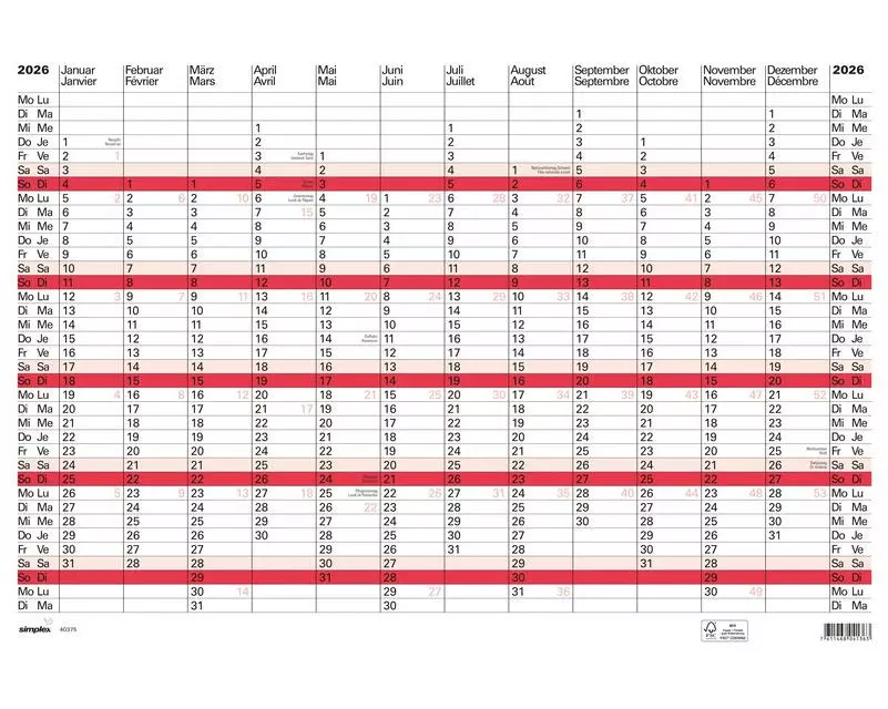 Simplex Jahresplaner mit Notizraum A2 59.4 x 42 cm, 2026