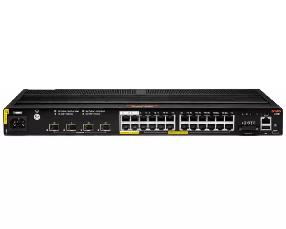 HPE Aruba CX 4100i Switch, 24G, 20 Port Class 4 PoE and 4 Port Class 6 PoE, 4 SFP+, Layer 2, Web GUI, CLI, NetEdit, incl. 300W PSU