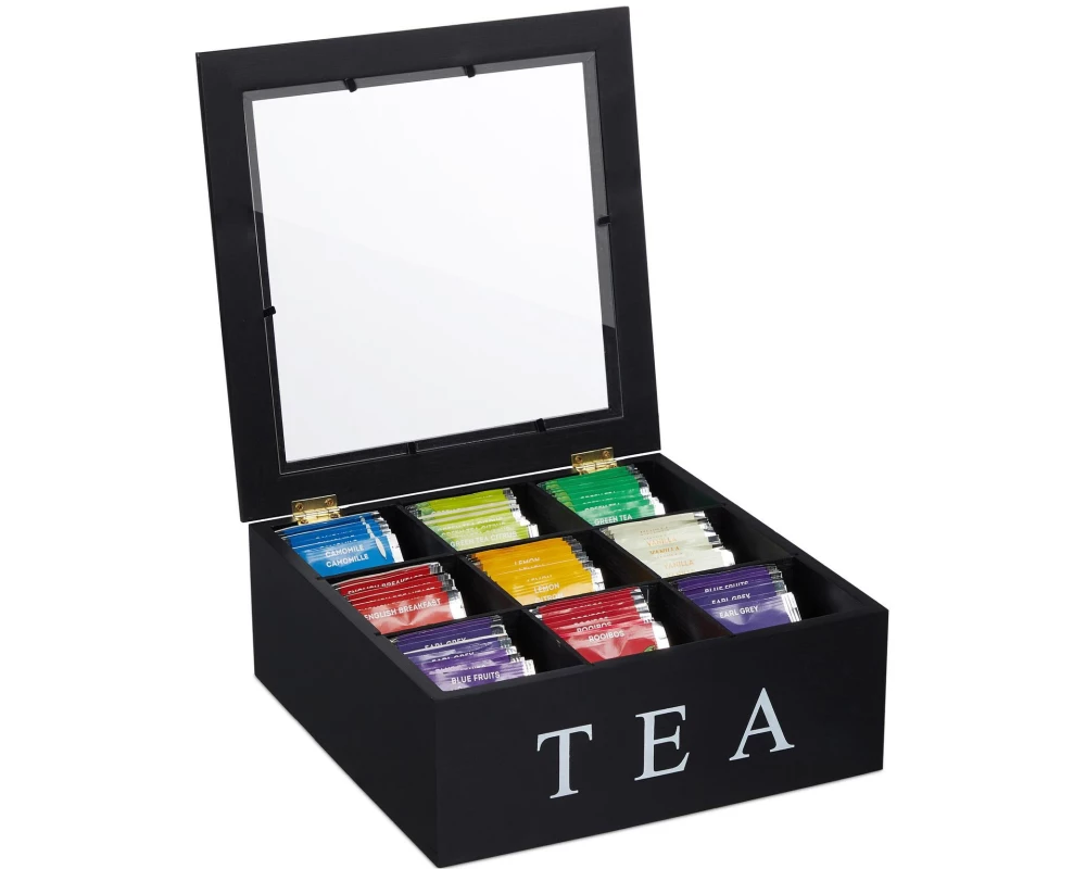 relaxdays Teebeutel-Box 9 Fächer, Schwarz