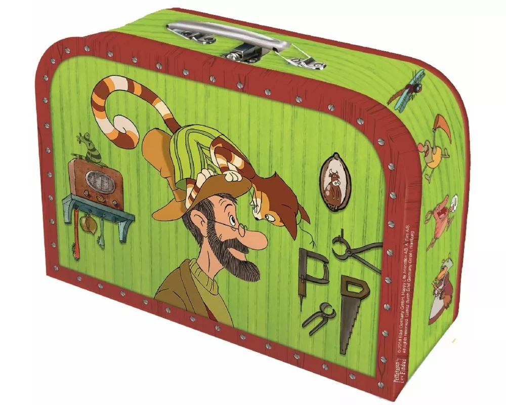Pettersson und Findus Kinderkoffer klein, Pappkoffer, Koffer aus Pappe, Geschenk Verpackung, Gutschein Verpackung,Spielkoffer, Metallgriff und Metallh
