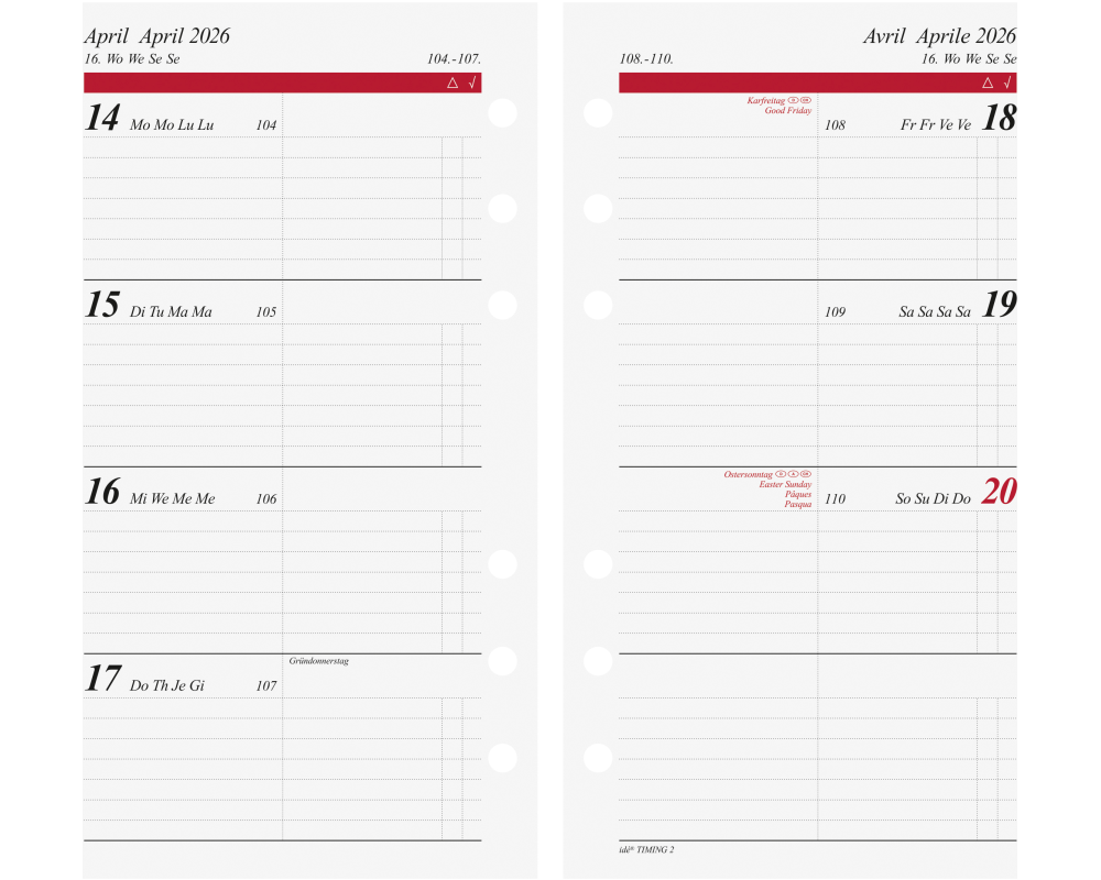 RIDOIDE Timing 2 Wochenkalender 2026 7066910006.26 1W/2S ML 9.3x17.2cm