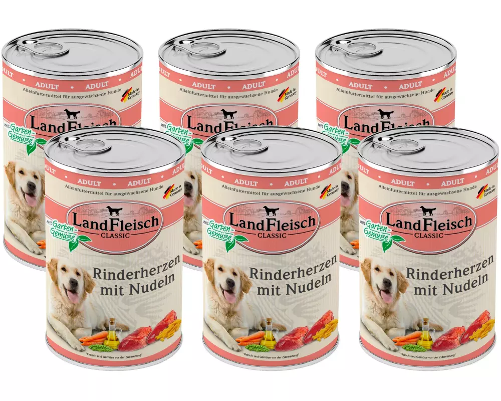 LandFleisch Nassfutter Classic Rinderherzen mit Nudeln, 6 x 400 g