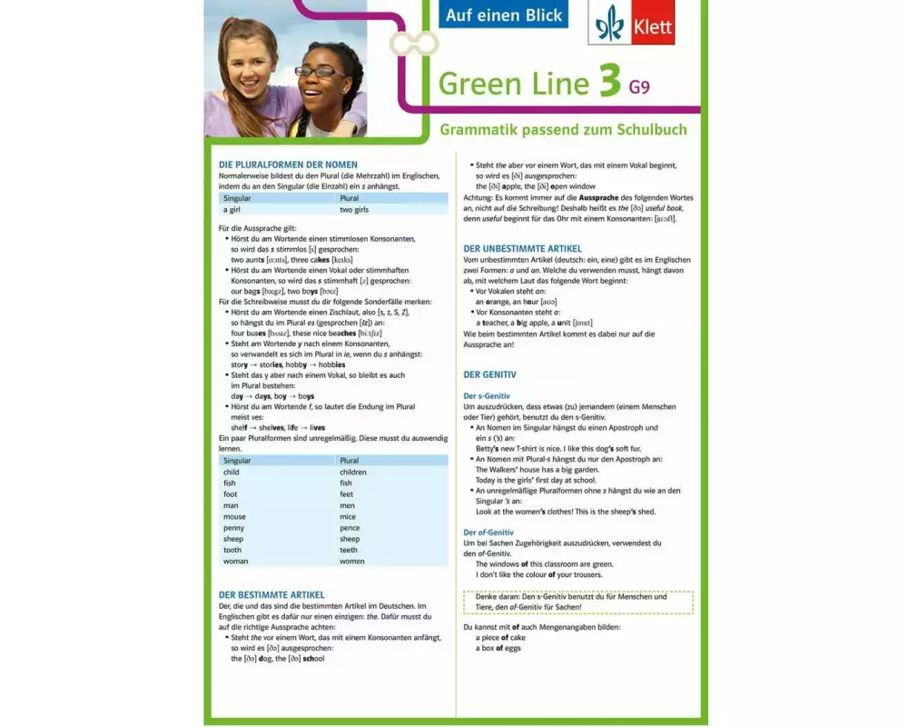 Green Line 3. Auf einen Blick. G9 Klasse 7. Grammatik passend zum Schulbuch - Klappkarte (6 Seiten)