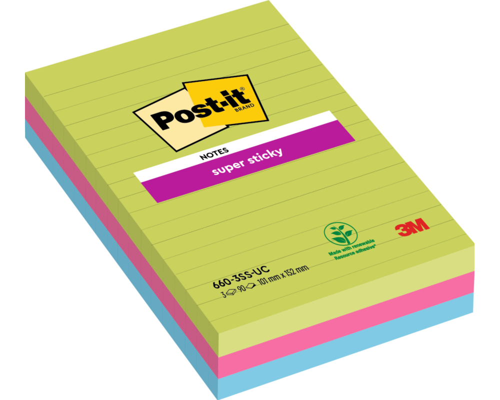 POST-IT Block Super Sticky 102x152mm 660-3SSUC 3-farbig ass.,3x90Bl.,liniert