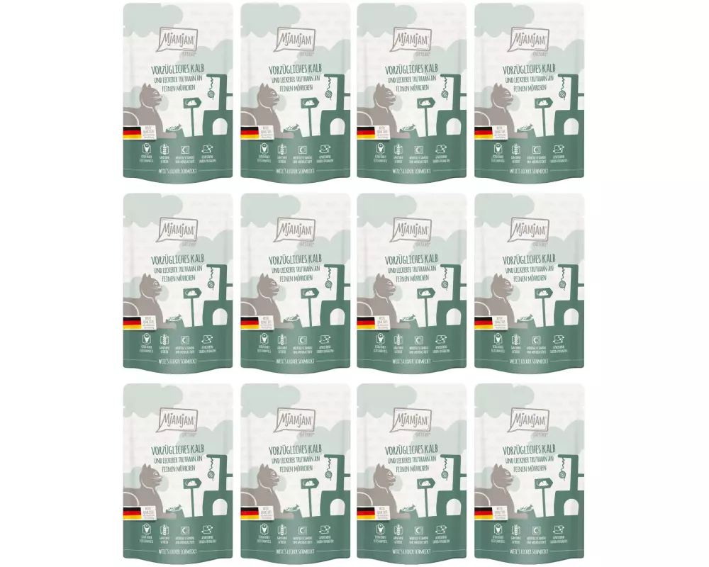 Mjamjam Nassfutter Quetschie Kalb & Truthahn, 12 x 125 g