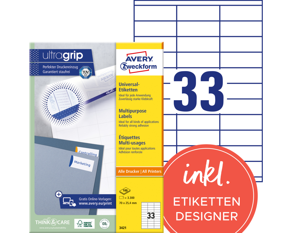 AVERY ZWECKFORM Universal-Etiketten 70x25,4mm 3421 weiss 3300 Stk./100 Blatt