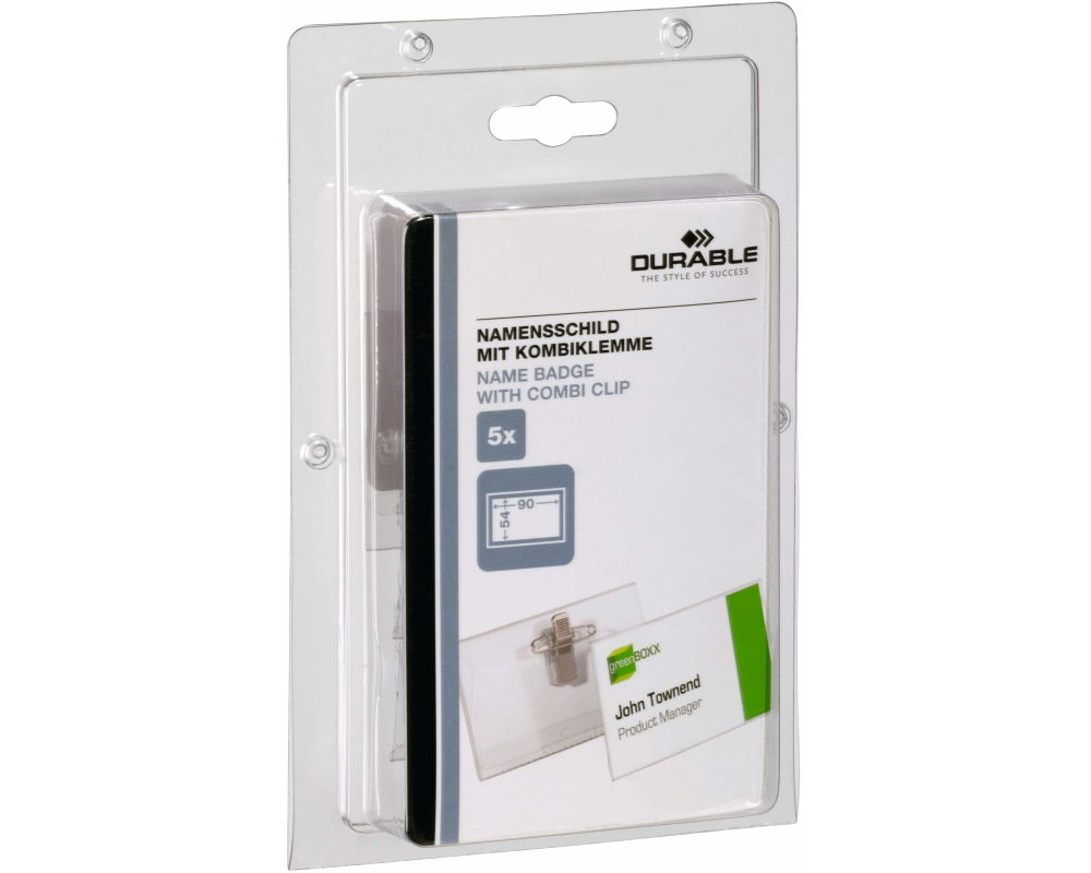 DURABLE Namensschild m/Klemme 90x54mm 861019 5 Stück transp. Kunststoff