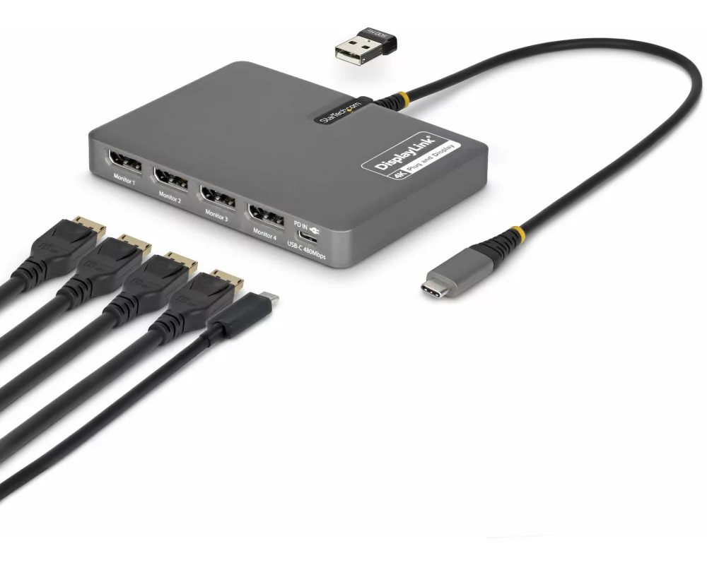 StarTech.com QUAD-USB-DP-ADAPT laptop dock/port replicator Kabelgebunden USB 3.2 Gen 1 (3.1 Gen 1) Type-C Grau