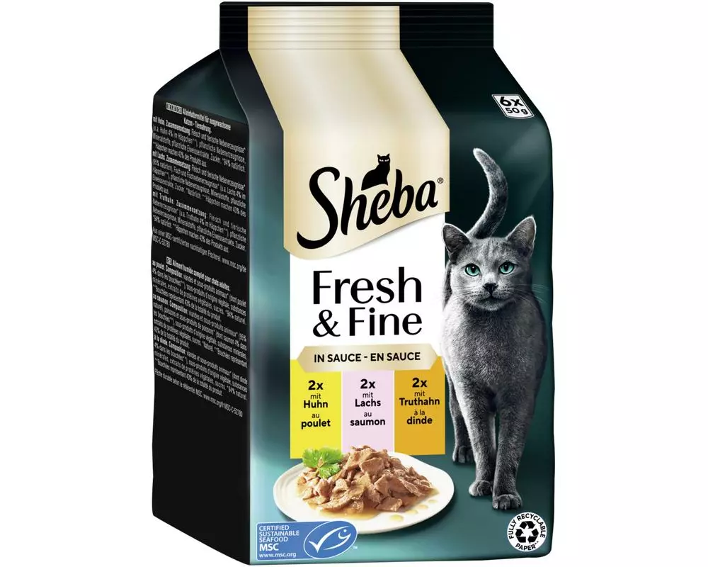 Sheba Nassfutter Sauce mit Huhn, Lachs und Truthahn, 6 x 50g