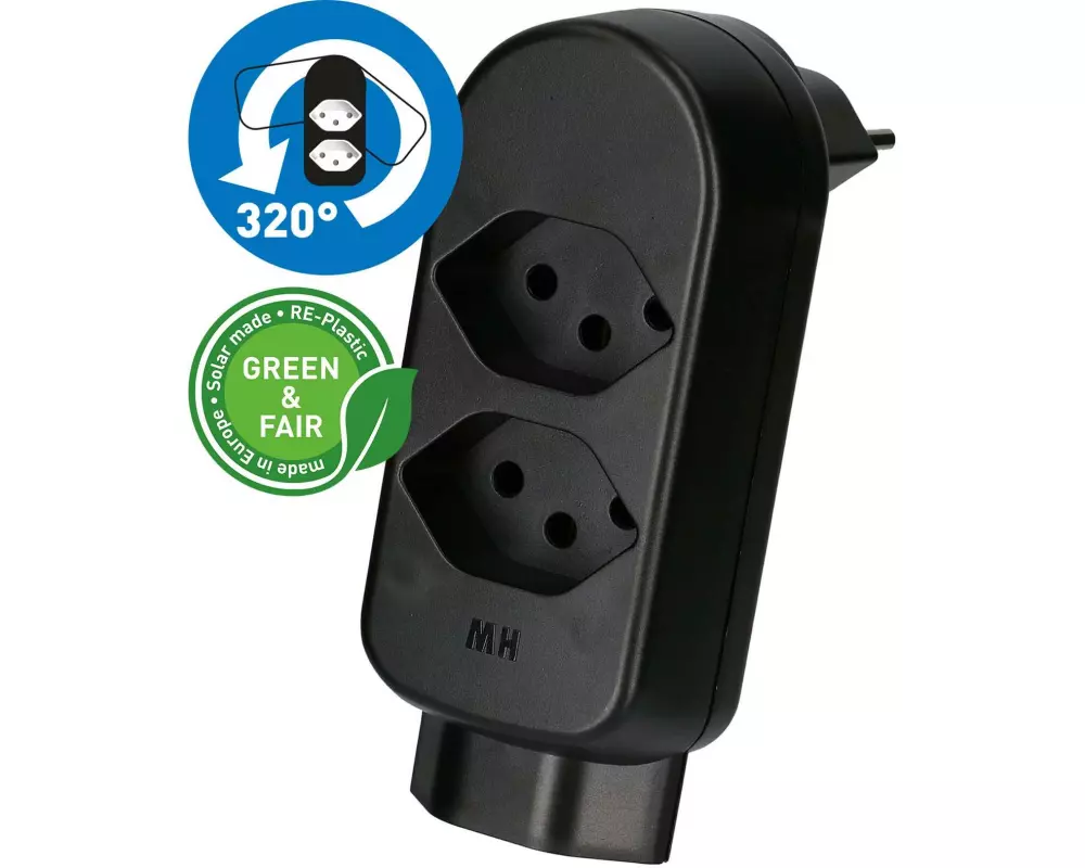 Max Hauri Abzweigstecker ADAPT 2+1x Typ 13 drehbar Green+Fair