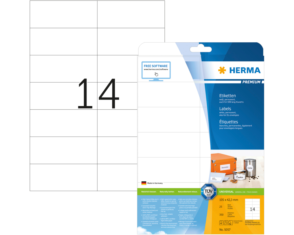 HERMA Universal-Etikett. 105x42,3mm 5057 weiss 350 St./25 Bl.