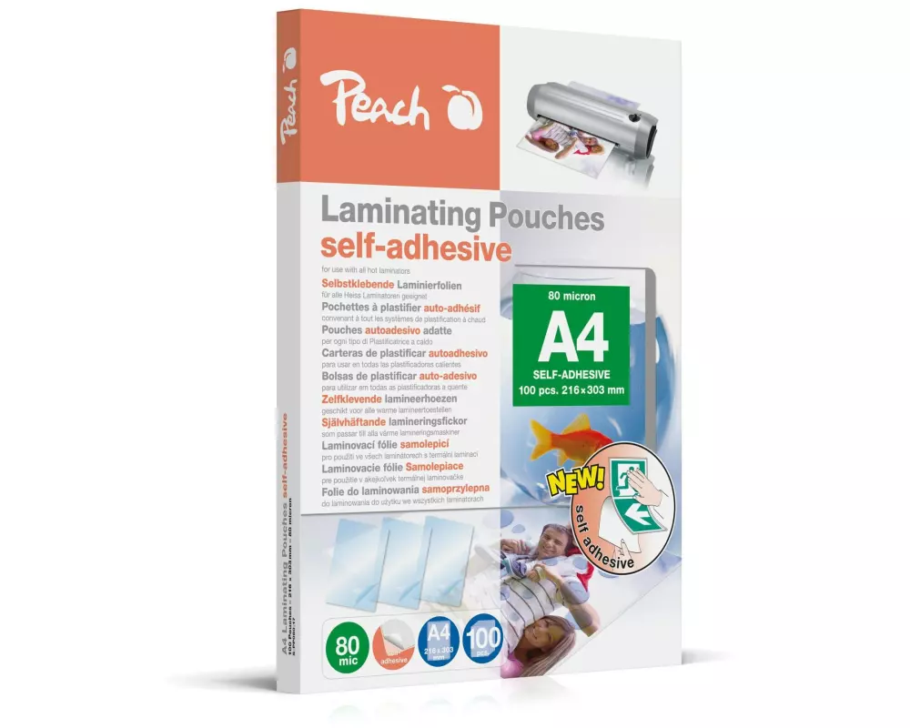 Peach Laminierfolie A4, 80 µm, 100 Stück, Glänzend, Selbstklebend