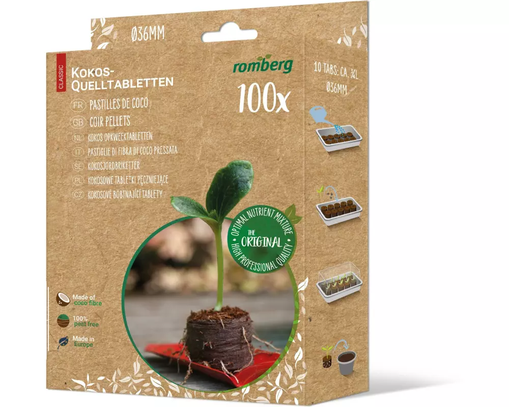 Romberg Quelltabletten 100 Kokos 36 mm Ø, Faltschachte