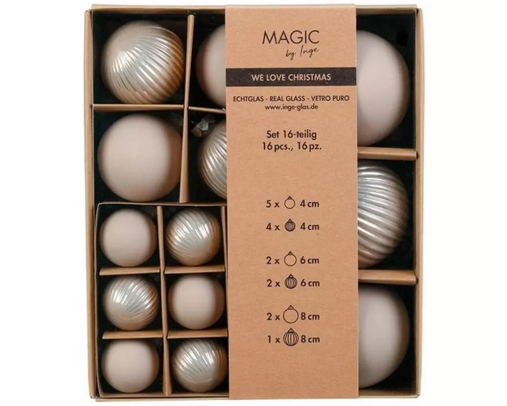 INGES CHRISTMAS DECOR Weihnachtskugel 4, 6 und 8 cm Beige, 16 Stück