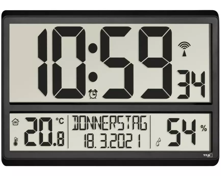 TFA Dostmann Funk-Wanduhr XL mit Raumklima Schwarz
