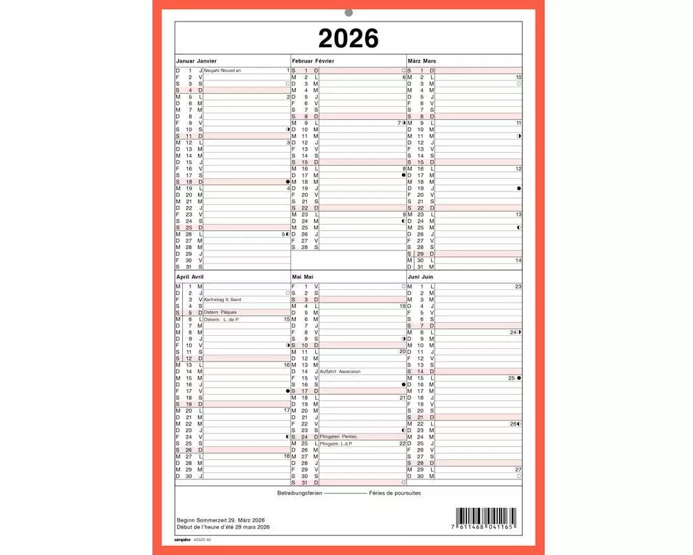 Simplex Kalender mit Namenstagen A4 Hochformat, 2026