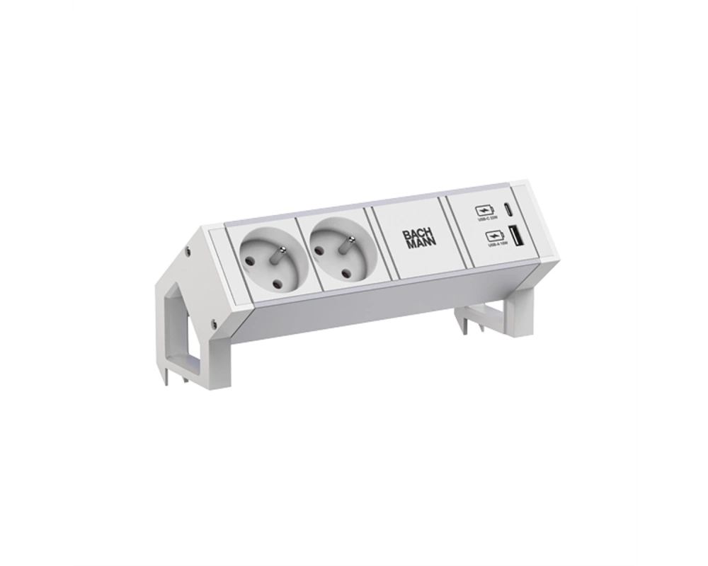 BACHMANN DESK2 ALU WHITE 2xUTE 1xUSB A/C 22W 0,2m GST18