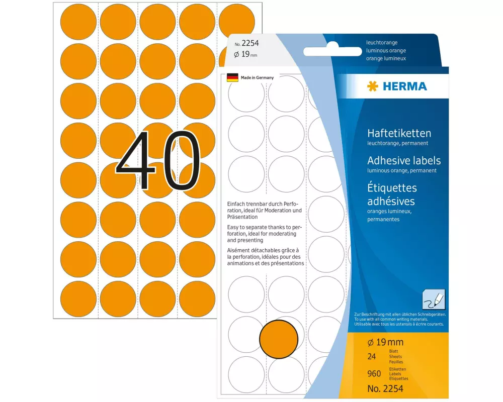 HERMA Vielzweck-Etiketten 2254 Leuchtorange Ø 19 mm, 24 Blatt