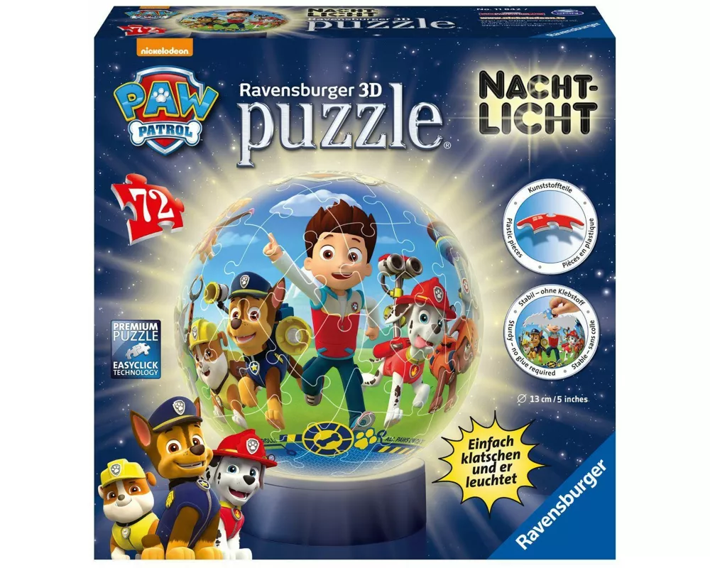 Ravensburger 3D Puzzle 11842 - Nachtlicht Puzzle-Ball Paw Patrol - ab 6 Jahren, LED Nachttischlampe mit Klatsch-Schalter - 72 Teile