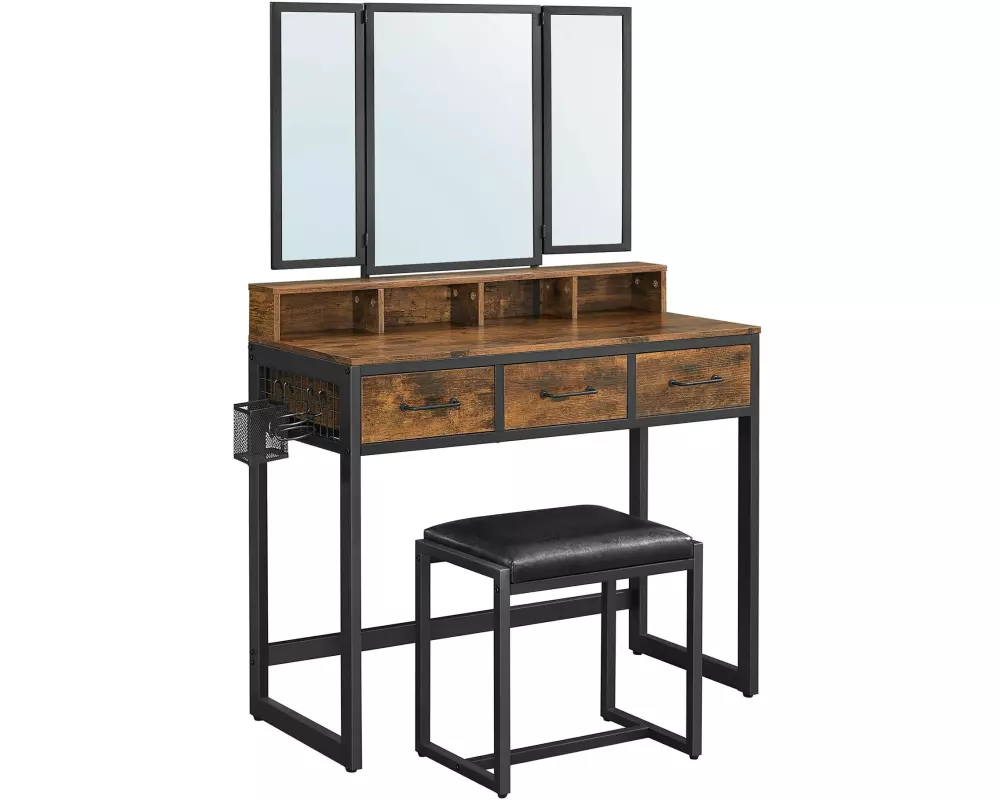 VASAGLE Schminktisch mit Hocker 90 x 141 cm, Braun/Schwarz