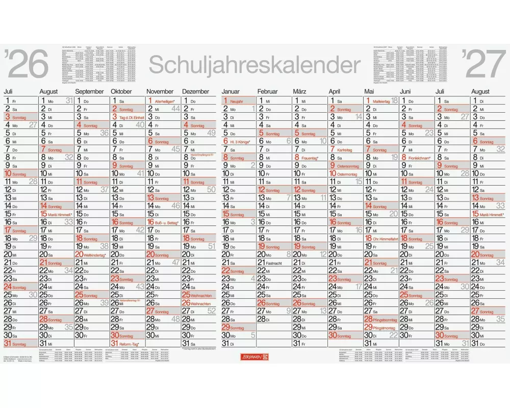 Schuljahreskalender 2026/2027 abwischbar | 750×470 mm