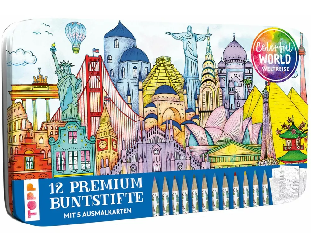 Colorful World Weltreise Designdose mit 12 Buntstiften