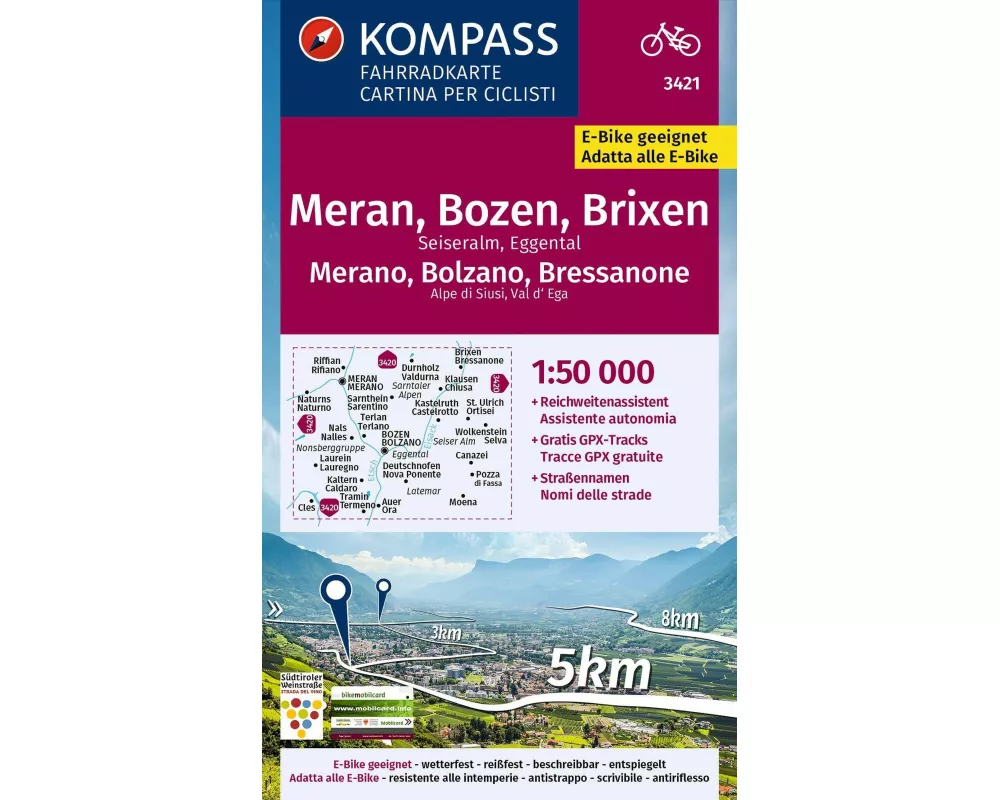 KOMPASS Fahrradkarte 3421 Meran, Bozen und Umgebung 1:50.000