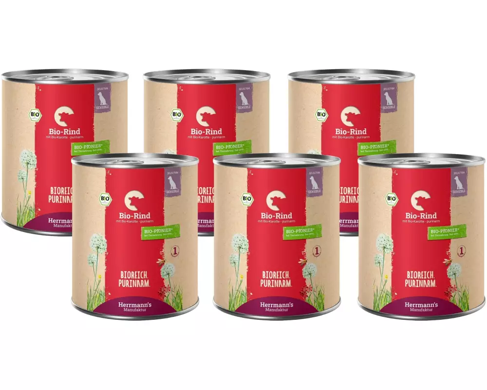 Herrmann's Nassfutter Bio Rind mit Karotten – purinarm 6 x 800 g