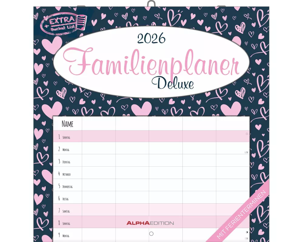 Alpha Edition - Familienplaner Deluxe Kalender 2026 – 30x30 cm – Broschürenkalender mit 5 Spalten & Platz für Notizen – Familienkalender mit Feiertage