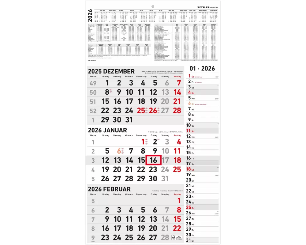 Zettler 3-Monatskalender Kombi 2026 – Wandkalender 33 × 59 cm, 3 Monate pro Blatt mit Datumsschieber, Extra-Streifenkalendarium für Notizen, Monatsübe