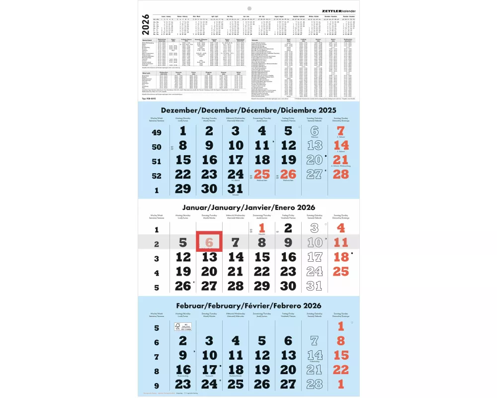 Zettler 3-Monatskalender blau 2026 – Wandkalender 33 × 59 cm mit Datumsschieber, 3 Monate pro Blatt, Kopftafel 15 cm, Wochenzählung, Ferien, Jahresübe