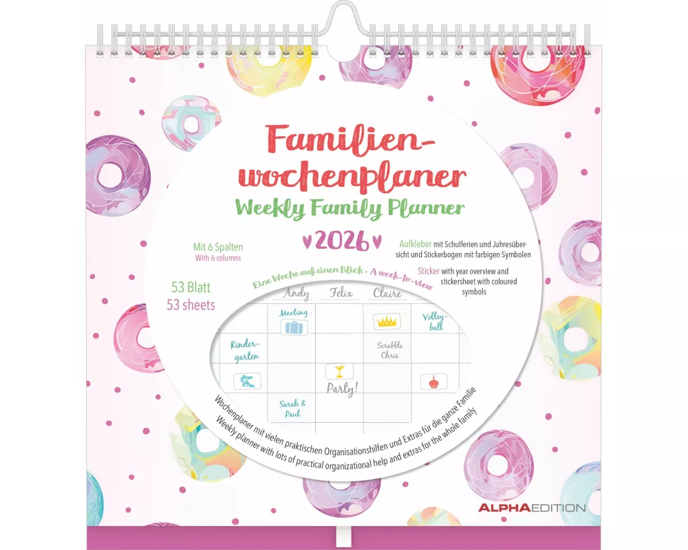 Alpha Edition - Familien Wochenkalender Dots 2026 – Familienplaner im Format 30,5x30,5 cm – Wochenkalender mit 6 Spalten – Mit Aufklebern, Stifthalter